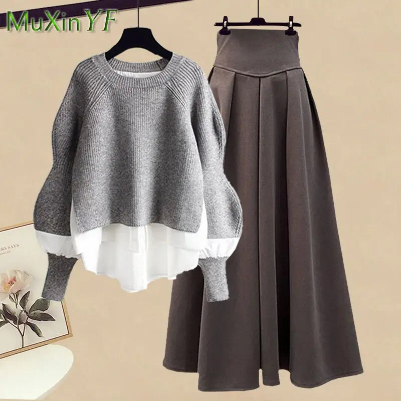 Elegant Splice Knitted Sweater Dress Set – Chic two-piece design, knitted sweater, matching skirt, stylish splice pattern. Perfect for casual and formal wear. Available on FTFmarket.net, fast delivery in the UK. Stay stylish with FTF Fashion and Mode FTF.