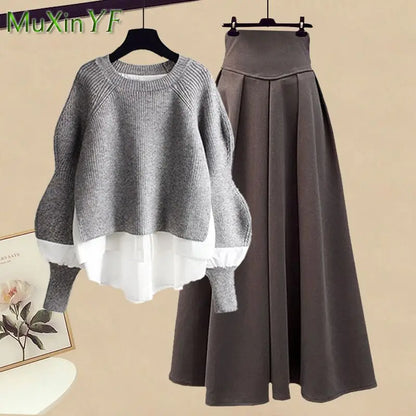 Elegant Splice Knitted Sweater Dress Set – Chic two-piece design, knitted sweater, matching skirt, stylish splice pattern. Perfect for casual and formal wear. Available on FTFmarket.net, fast delivery in the UK. Stay stylish with FTF Fashion and Mode FTF.