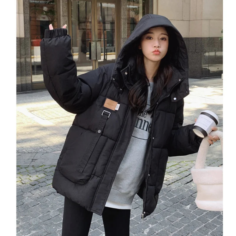 Women khaki down jacket, white, thickening warm feather, female duck down, comfortable, short, solid, winter hooded outwear.