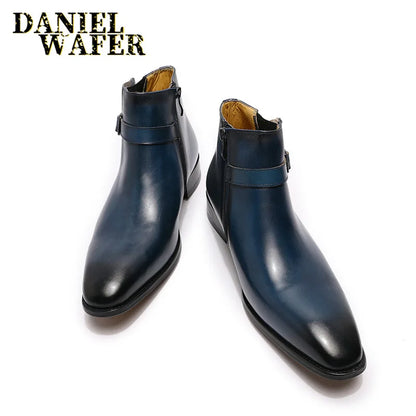 Pair of black leather boots on a white background with 'Daniel Wafer' branding.