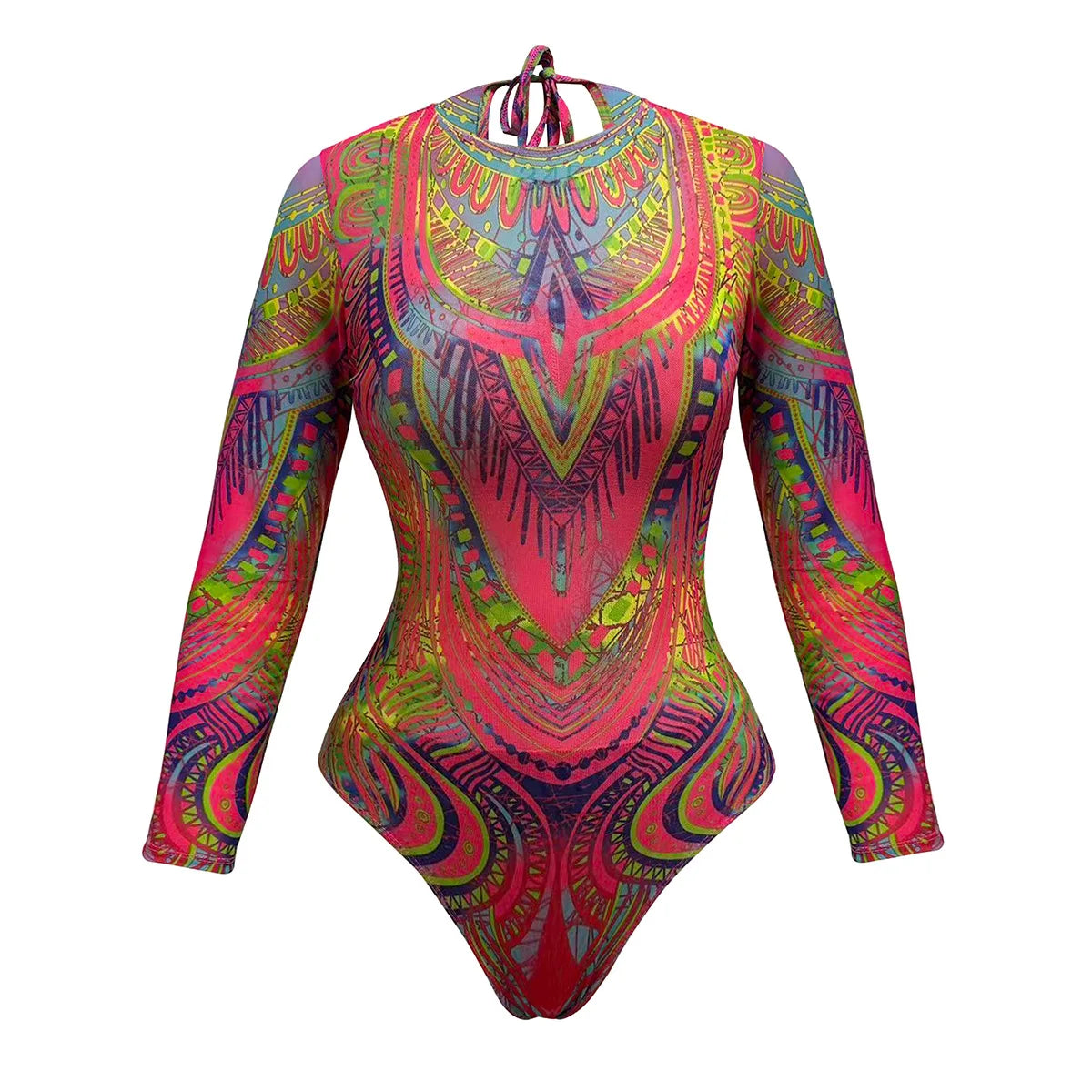 Rust orange floral mesh swimsuit front view — long sleeve one-piece swimdress women