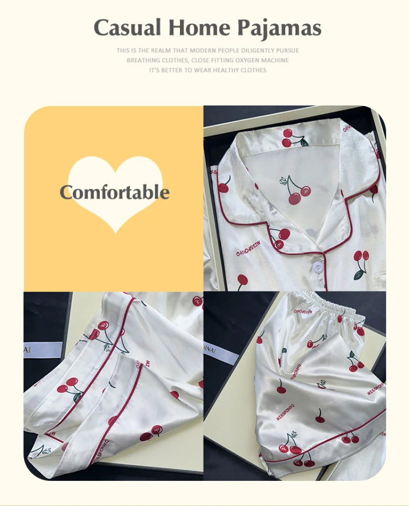 Casual home pajamas with cherry pattern on a white background. Women’s cherries print summer pajamas set—faux satin V-neck top and shorts, funny cute style. Lightweight, comfortable, UK fashion set.