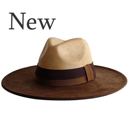 Brown and beige hat with a wide brim on a white background