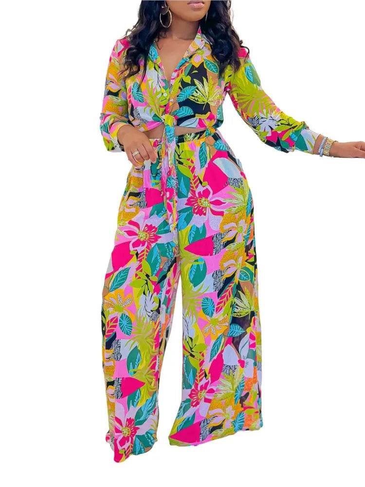 2024 Spring Summer Long Sleeved Printed Suit for Women – Lapel single-breasted shirt, wide-leg trousers, fashion-forward two-piece set. Available on FTFmarket.net, fast delivery in the UK.