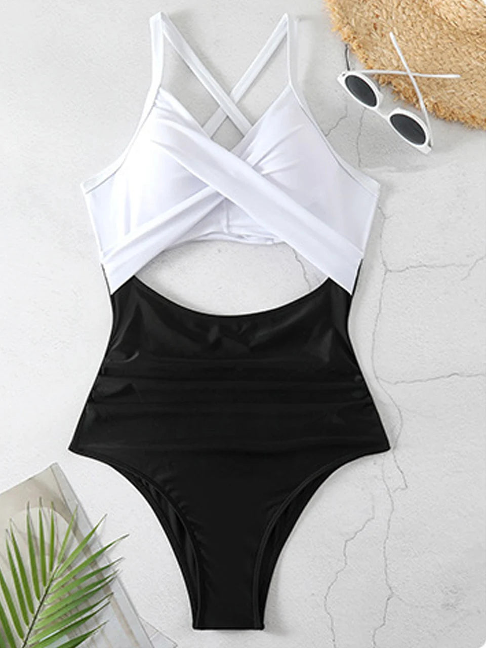 White & black ruched one-piece swimsuit adjustable strap — women swimwear FTF Market