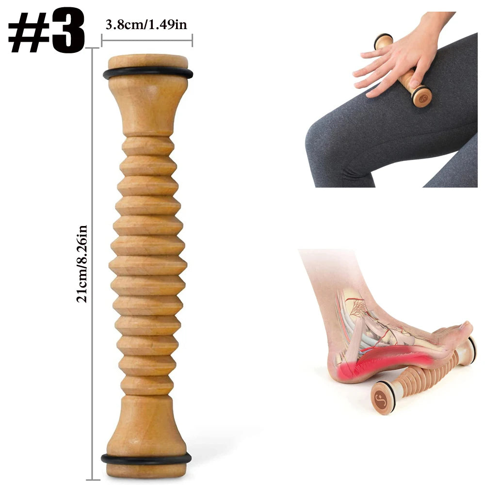 Wooden massage roller with dimensions and usage on a white background