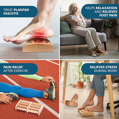 Collage of people using a foot roller for plantar fasciitis, foot pain relief, post-exercise pain relief, and stress relief during work.
