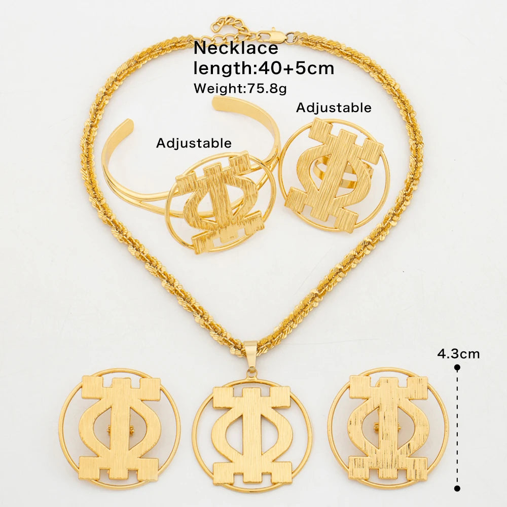 Gold jewelry set with African-inspired hollow pendant, earrings, bangle and ring