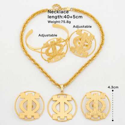 Gold jewelry set with African-inspired hollow pendant, earrings, bangle and ring