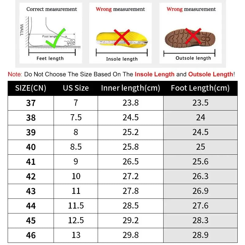 Shoe size chart with measurements for foot length, insole length, and outsole length.