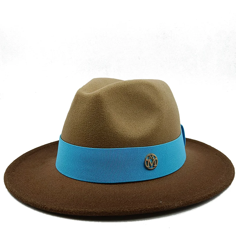 Brown fedora hat with a blue band and logo on a white background. Unisex double fedora hat, dual color gradient tie-dye, casual jazz style, cotton-polyester mix, suitable for outdoor autumn and spring.