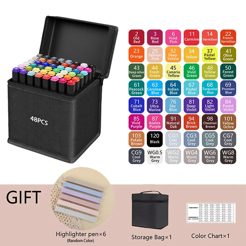 Set of 48 colored markers with a storage bag, highlighter pens, and color chart on a white background. Pro Dual-Tip Alcohol Markers Set featuring fine and chisel tips, vibrant streak-free ink, ergonomic design for artists’ coloring and sketching projects UK.