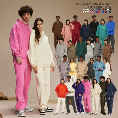 Group of people wearing colorful tracksuits against a beige background