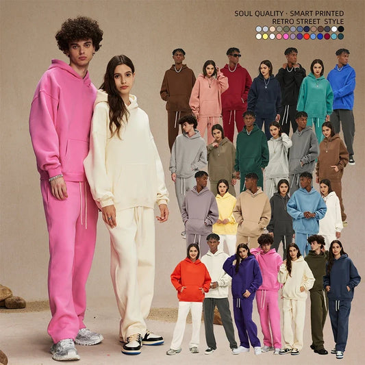 Group of people wearing colorful tracksuits against a beige background