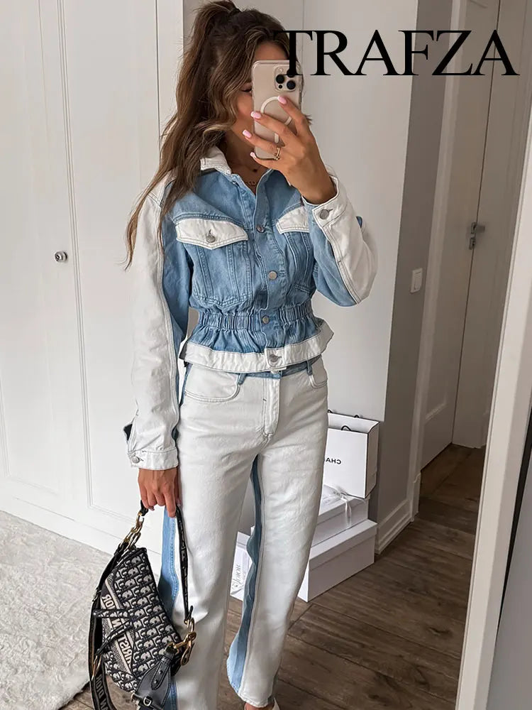 Woman taking a mirror selfie wearing a denim jacket and light jeans, with 'Trafza' branding. Women’s 2-piece denim jacket and straight jeans set. Patchwork design, mid waist, turn-down collar, button closure, loose casual fit, streetwear.