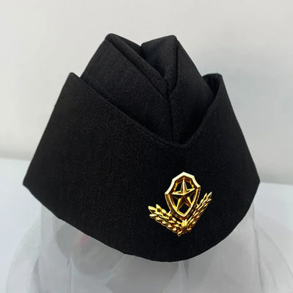 Black headband with a gold emblem on a white background