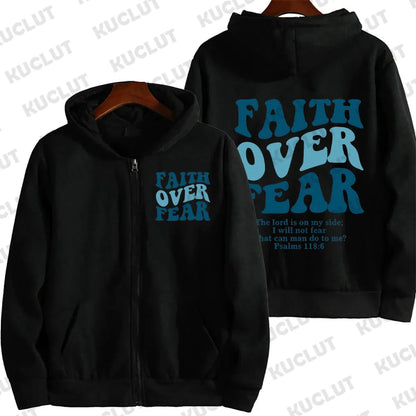 Faith Over Fear Christian zip hoodie, Bible verse sweatshirt, Jesus hoodie, trendy hoodie, aesthetic zip jacket.