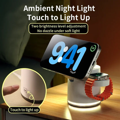 Smartphone and smartwatch on a stand with ambient night light feature, showing time and touch activation. 4-in-1 Qi wireless charger dock with night light for iPhone 16, 15, 14 Pro Max, AirPods Pro, Apple Watch. Fast, foldable, magnetic charging stand.