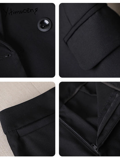Collage of close-up details of a black coat including a button, pocket, and fabric texture.