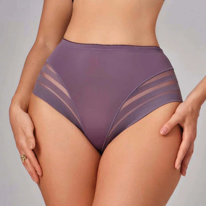 Purple high-waisted underwear with mesh panels on a neutral background