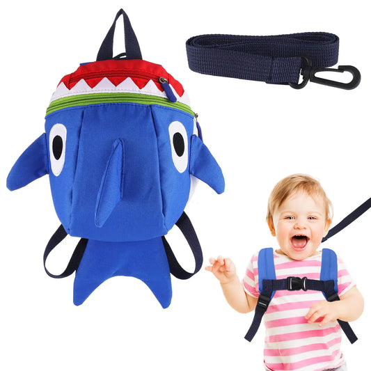 Colorful toddler backpack with attached safety leash for outdoor activities