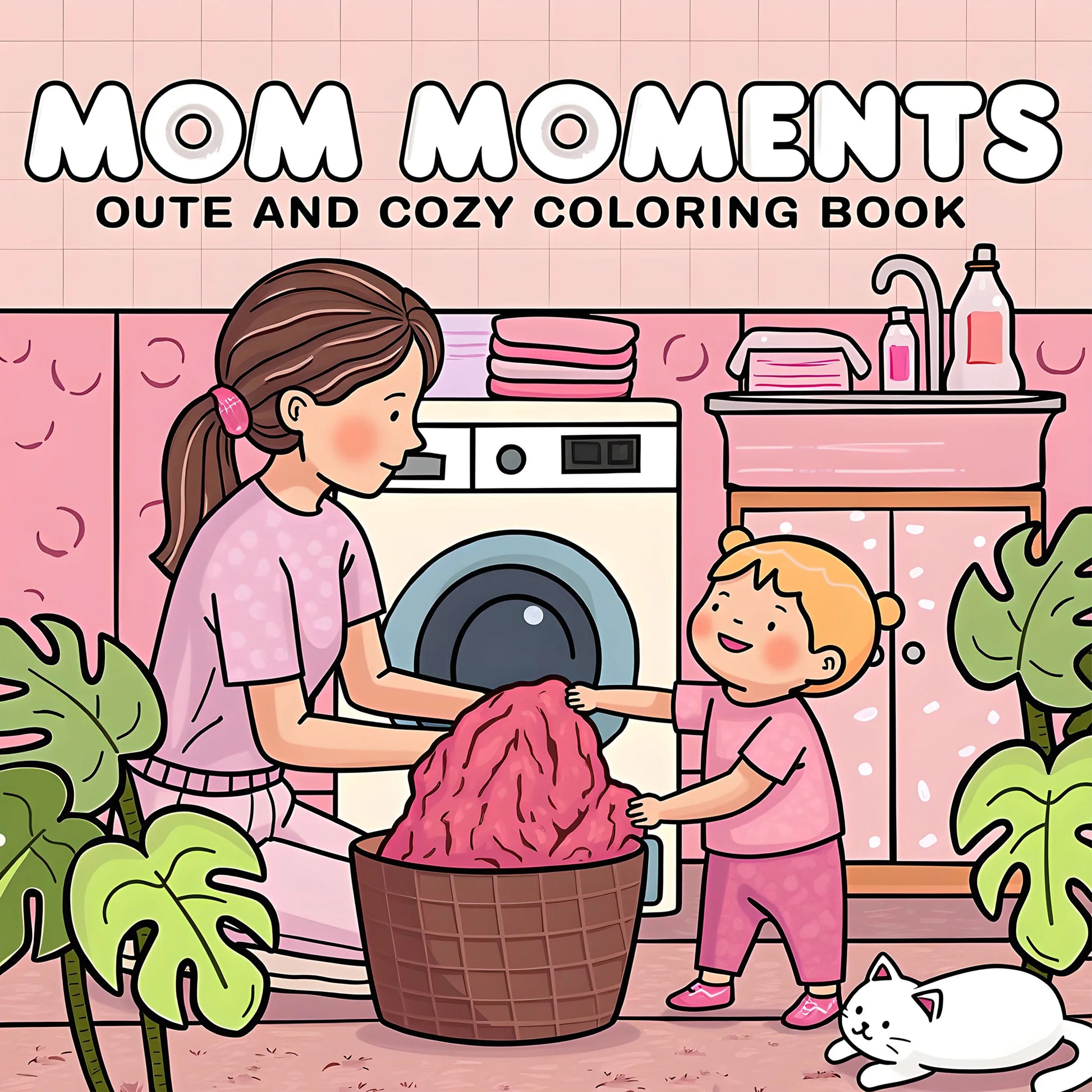 Coloring book cover titled 'Mom Moments Oute and Cozy Coloring Book' with a mother and child in a laundry room. Adult coloring book titled MOM MOMENTS featuring cozy daily scenes for relaxation, cute mindful activities, FTF Fashion UK.