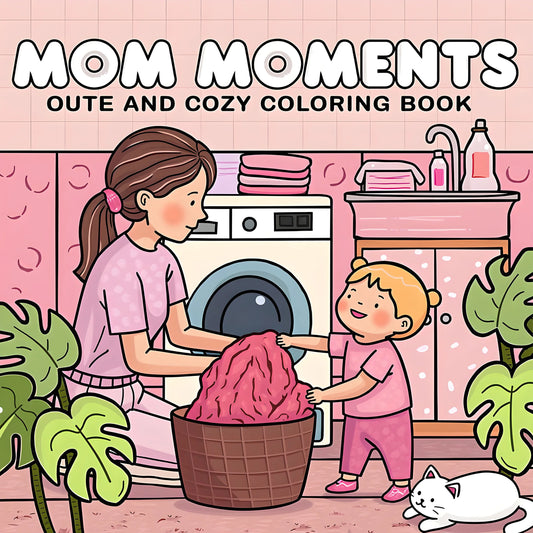 Coloring book cover titled 'Mom Moments Oute and Cozy Coloring Book' with a mother and child in a laundry room. Adult coloring book titled MOM MOMENTS featuring cozy daily scenes for relaxation, cute mindful activities, FTF Fashion UK.