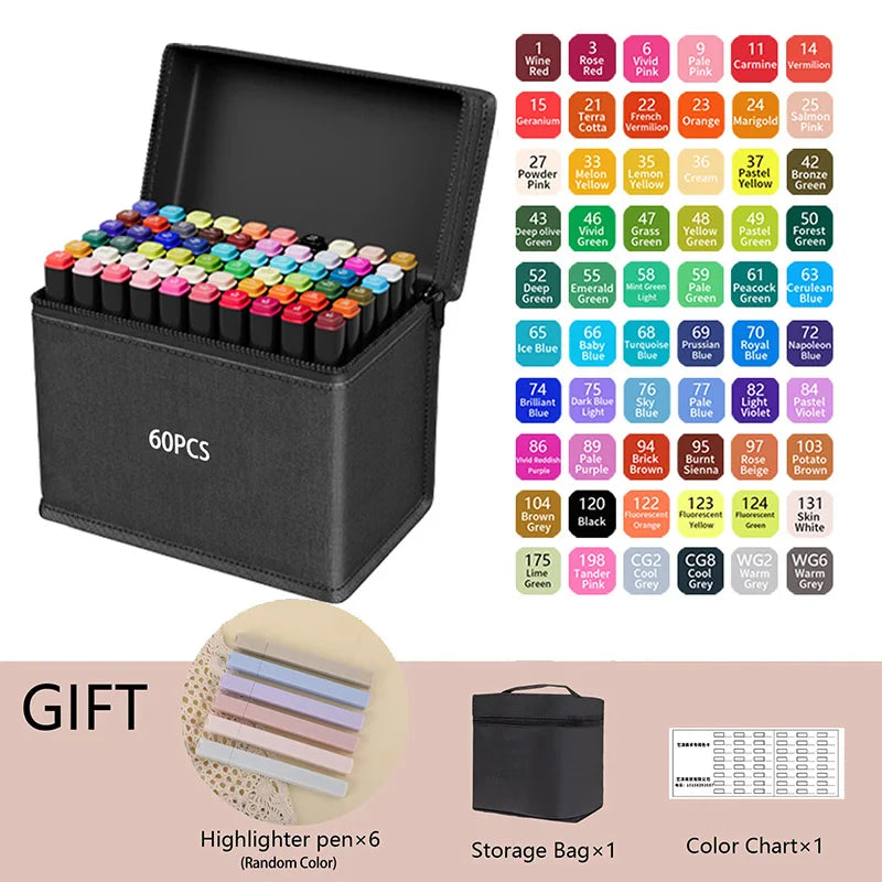 Set of 60 colored markers with a storage bag, highlighter pens, and color chart on a white background. Pro Dual-Tip Alcohol Markers Set featuring fine and chisel tips, vibrant streak-free ink, ergonomic design for artists’ coloring and sketching projects UK.