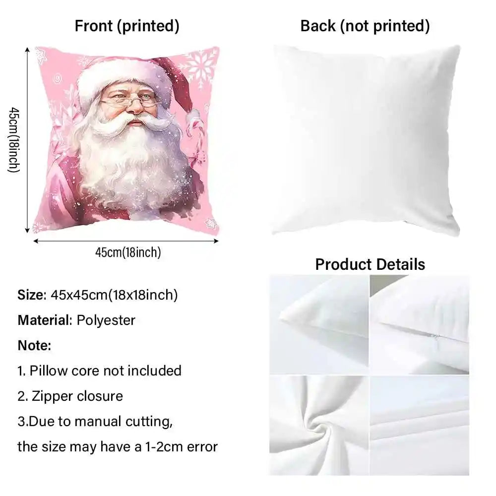 Product details of a pillow with Santa Claus design on one side and plain white on the other, including dimensions and material information. Car Christmas pillowcase, festive cushion cover, Merry Christmas print. Soft peachskin, sofa/bed decor. Holiday home accent UK.