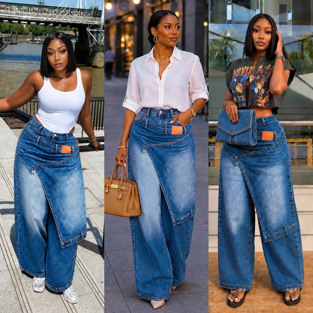 Three-panel collage showing a woman modeling a wide-leg denim skirt in different outfits. The skirt has a wrap-style front with a diagonal seam and patch pockets, shown in blue washes against outdoor and indoor urban backdrops.