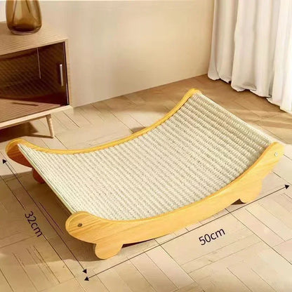 Wooden cat scratcher on a wooden floor with measurements indicated. Wooden cat scratching pad & bed, single layer, sisal surface, pet furniture, kitten recliner, multi-purpose cat toy for lounging and claw care.
