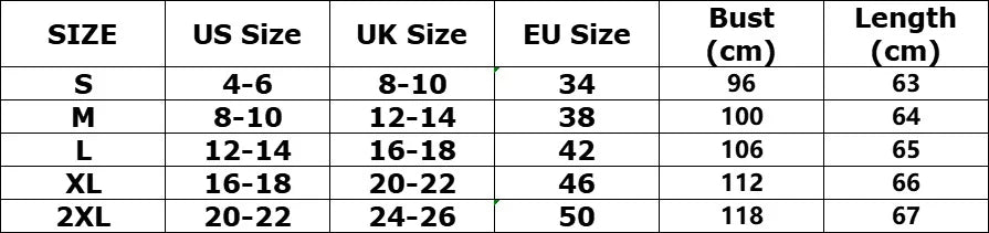Size chart for clothing with US, UK, and EU size conversions.