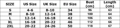 Size chart for clothing with US, UK, and EU size conversions.