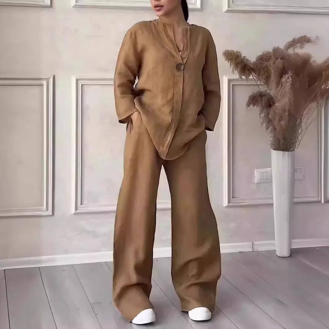 Women's 2-piece linen set in brown — V-neck blouse and wide leg trousers, FTF Market UK