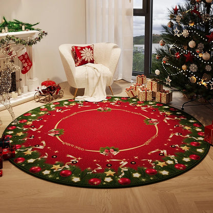 Decorative Christmas rug with festive patterns in a living room setting. Round plush red carpet, soft and thick. Machine-woven, washable, ideal for living room, bedroom, cloakroom. Modern style UK home décor.