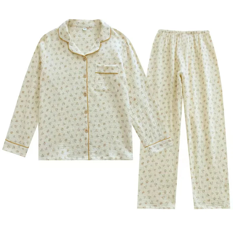 2023 Women Pajamas 2-Piece Set 100% Cotton Gauze long sleeved pants Floral Print Pajamas Homewear Ladies Pajamas Women Sleepwear. Available at FTF Market.  Women's Sleepwear, Cotton Pajama Set, 2-Piece Pajama Set, Floral Print Pajamas, Long Sleeved Pants, Homewear Ladies Pajamas, Comfortable Nightwear, Stylish Pajamas, Spring Pajamas, Autumn Pajamas, FTF Market UK, ftf fashion