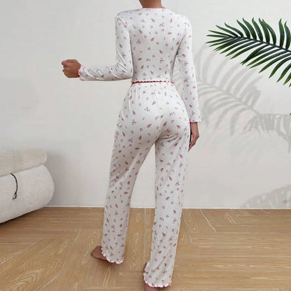 Women Floral Print Pajama Sets Long Sleeve Shirts+Pants Female Casual Home Clothes Spring Autumn Sleepwear Bow Nightwear Suits. Available at FTF Market. 
Women's Sleepwear, Floral Print Pajama Set, Long Sleeve Shirts, Pants Set, Casual Home Clothes, Spring Autumn Sleepwear, Bow Nightwear Suits, Comfortable Nightwear, Stylish Pajamas, Home Clothes, Women's Pajamas, FTF Market UK, ftf fashion