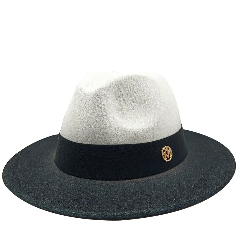 Two-tone fedora hat with a black band and gold emblem on a white background. Unisex double fedora hat, dual color gradient tie-dye, casual jazz style, cotton-polyester mix, suitable for outdoor autumn and spring.