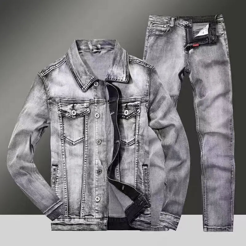 Denim jacket and jeans set on a gradient gray background