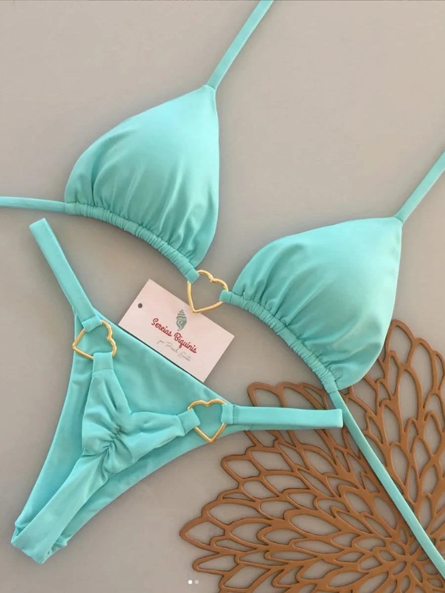 Mint green micro bikini set halter top — Brazilian thong beach swimwear women S M L