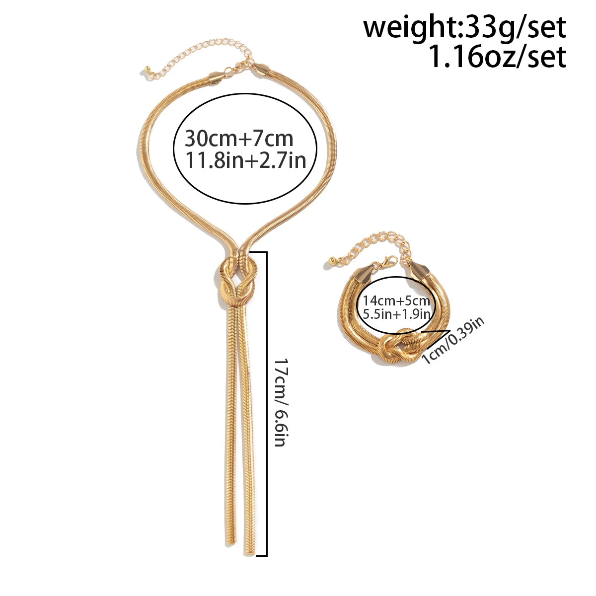 Gold necklace with measurements and weight information on a white background. Women’s vintage goth snake twisted chain necklace & bracelet set with tassel, Y2K style jewelry accessories for fashion-forward looks.