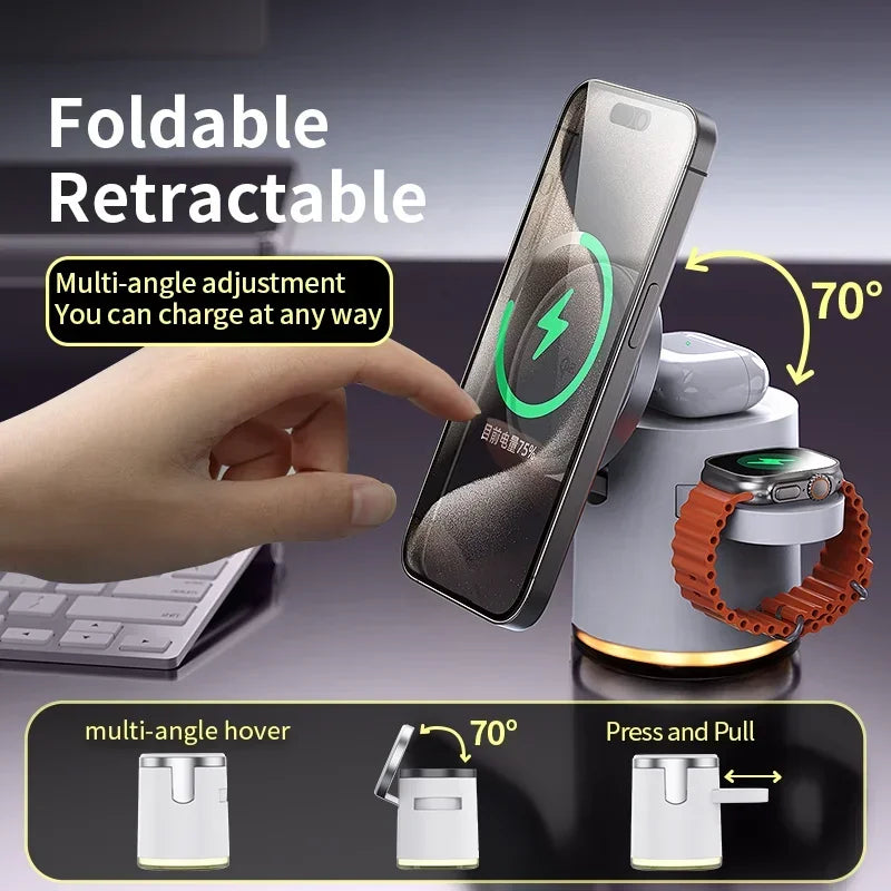 Multi-device charging stand with phone, watch, and keyboard on a dark background. 4-in-1 Qi wireless charger dock with night light for iPhone 16, 15, 14 Pro Max, AirPods Pro, Apple Watch. Fast, foldable, magnetic charging stand. 