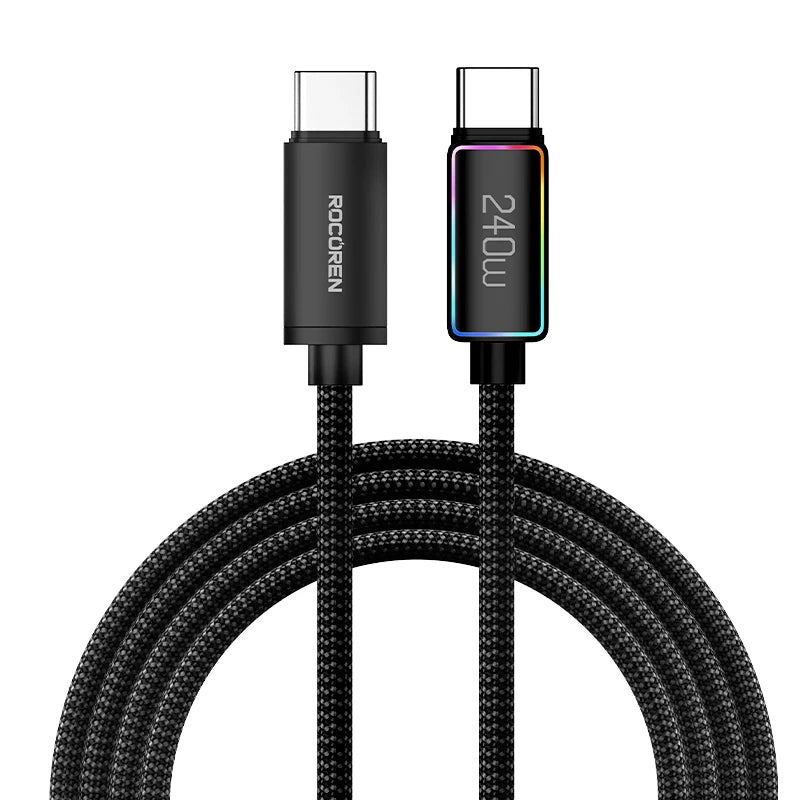 Black charging cable with 'Rocoren' branding and '240W' rating on a white background. 240W RGB USB-C fast charging cable with LED indicator. CE, FCC, RoHS certified. Durable Type-C connectors. Max 5A current. Fast UK shipping.