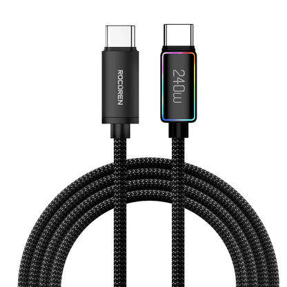 Black charging cable with 'Rocoren' branding and '240W' rating on a white background. 240W RGB USB-C fast charging cable with LED indicator. CE, FCC, RoHS certified. Durable Type-C connectors. Max 5A current. Fast UK shipping.