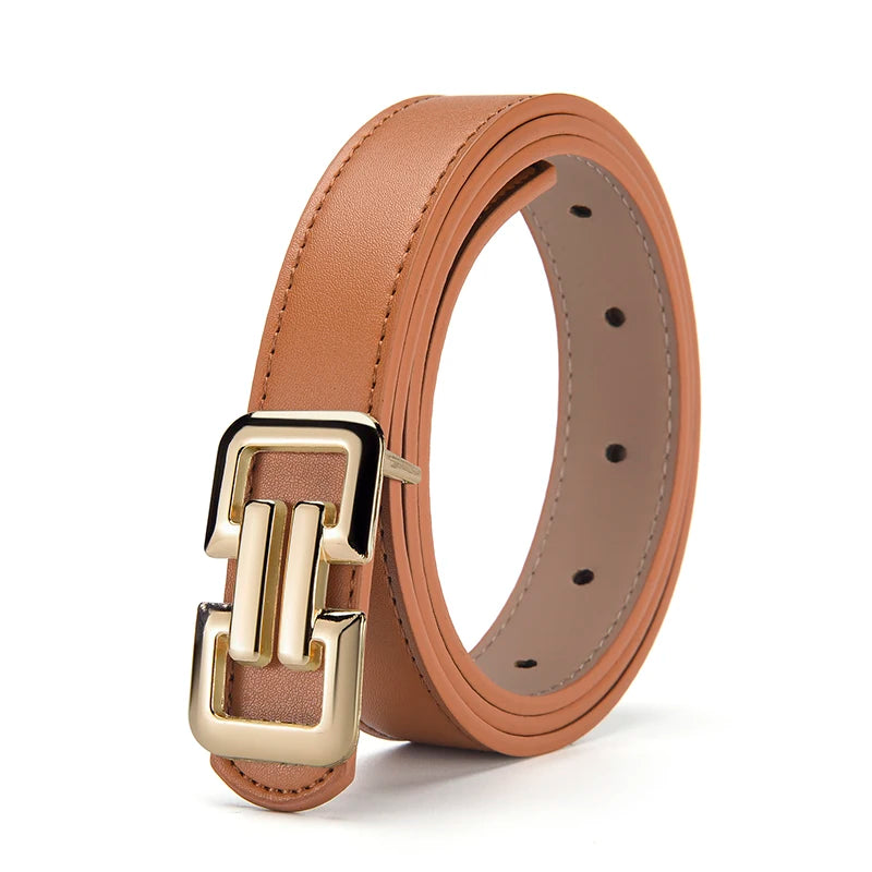 Slim PU leather belt women UK — brown smooth buckle — FTF Market