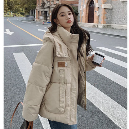 Women khaki down jacket, white, thickening warm feather, female duck down, comfortable, short, solid, winter hooded outwear.