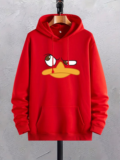 Cartoon Duck Print Hoodie, men's graphic hoodie with kangaroo pocket, comfy loose trendy drawstring hooded pullover. Cartoon Duck Print Hoodie, men's graphic hoodie, kangaroo pocket, loose pullover, trendy hooded sweatshirt, casual wear, spring fashion, autumn fashion, winter fashion, ftf fashion, mode ftf