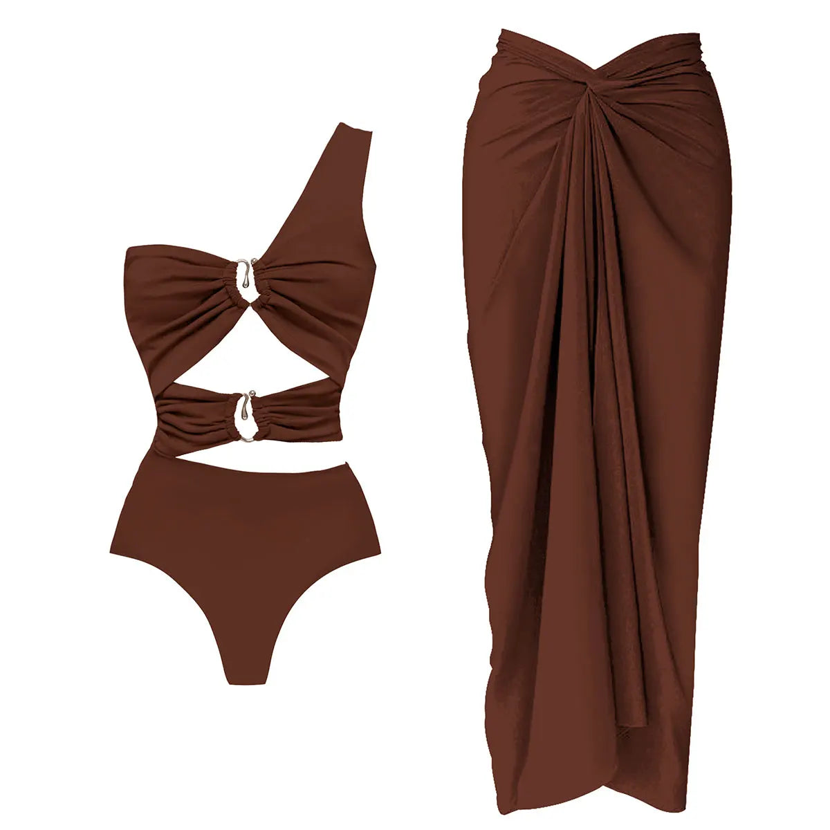 Brown bikini set with matching skirt on a white background. Women’s 2-piece deep V swimsuit with long skirt, adjustable straps, solid color, beachwear, comfortable polyester/spandex fabric, flattering fit.