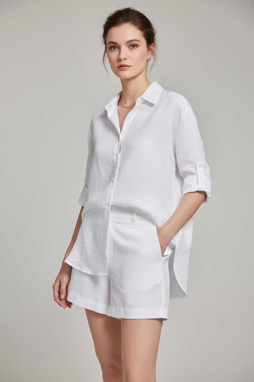 White Linen cotton shirt shorts set womens summer FTF Market UK
