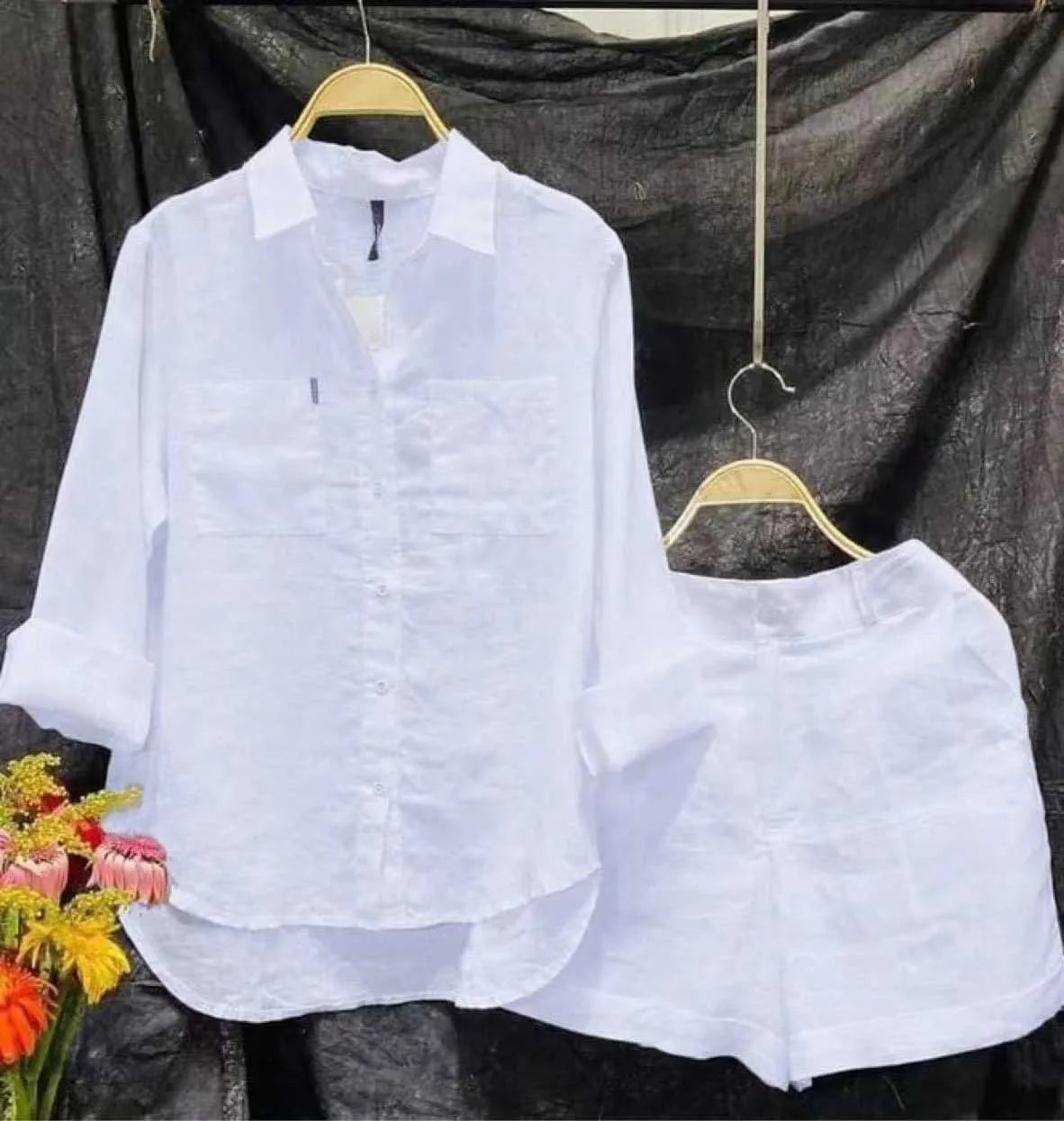 Fashion White Long Sleeve Shirt and Shorts Two-Piece Set, women's cotton linen casual homewear, Summer 2025. 
White cotton linen set, long sleeve shirt, shorts, two piece set, women's casual homewear, Summer 2025, ftf fashion, mode ftf, FTF Market UK